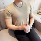 Verão fino gelo seda elástica cor sólida t camisa masculina manga curta fino ajuste gola redonda casual respirável camiseta roupas masculinas