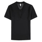 Verão falso 2 peças com decote em v camisetas masculinas 2025 moda sólida fino ajuste casual elástico manga curta camisetas topos roupas masculinas