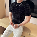 Camiseta bronzeadora de veludo dourado primavera verão novo o-pescoço moda masculina fino ajuste casual respirável t camisa pulôver roupas masculinas