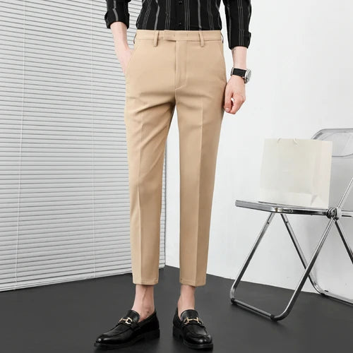 Verão nova cor sólida negócios calças casuais masculino fino ajuste social terno pant formal escritório tornozelo comprimento calças streetwears 36-29