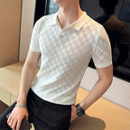 Camisa polo de malha fina de seda e gelo masculina, camiseta casual, manga curta, gola em O, justa, respirável, elástica, malha, masculina, verão