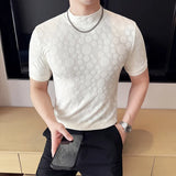 Dot print camisetas masculinas verão meia alta pescoço cor sólida fino ajuste casual versátil respirável t camisa pulôver roupas masculinas