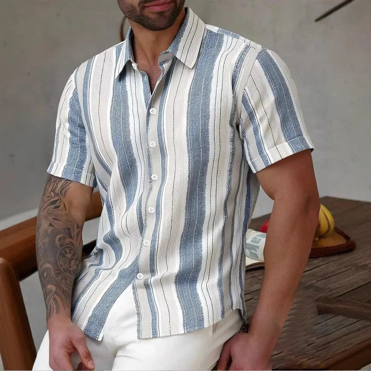 Primavera verão novas roupas masculinas manga curta 3d impressão digital botão camisa masculina estilo simples listra lapela camisa topos