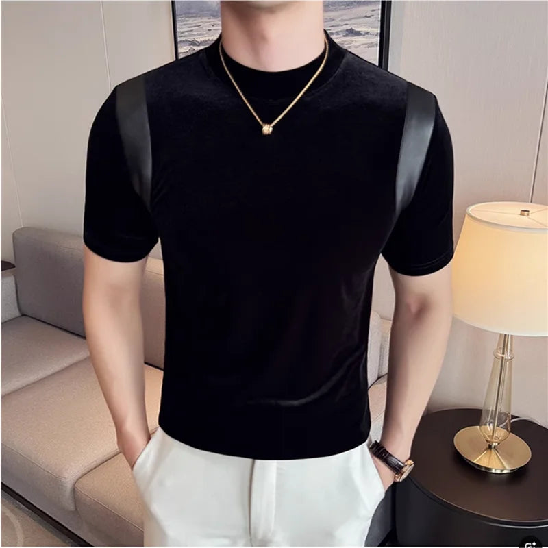 Primavera verão moda couro do plutônio emendado camiseta masculina 2025 novo ajuste fino meia gola alta elástica manga curta camiseta 4xl-m