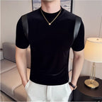 Primavera verão moda couro do plutônio emendado camiseta masculina 2025 novo ajuste fino meia gola alta elástica manga curta camiseta 4xl-m