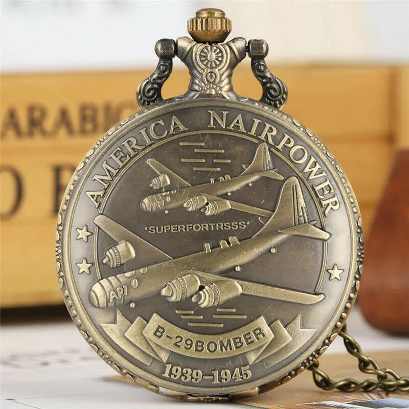 Retro B-29 aeronaves relógio de bolso de quartzo steampunk retro exército militar colar corrente relógio pingente presentes antigos para soldados