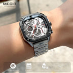 Megir relógio de quartzo preto masculino, à prova d'água, mostrador quadrado, relógio de pulso com cronógrafo, pulseira de aço inoxidável, mãos luminosas, data automática