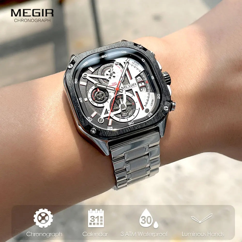 Megir relógio de quartzo preto masculino, à prova d'água, mostrador quadrado, relógio de pulso com cronógrafo, pulseira de aço inoxidável, mãos luminosas, data automática