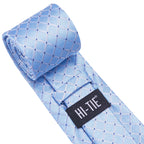 Hi-tie masculino elegante gravata lenço abotoaduras 3 pçs conjunto xadrez azul claro para smoking moda clássico seda luxo gravata para homem