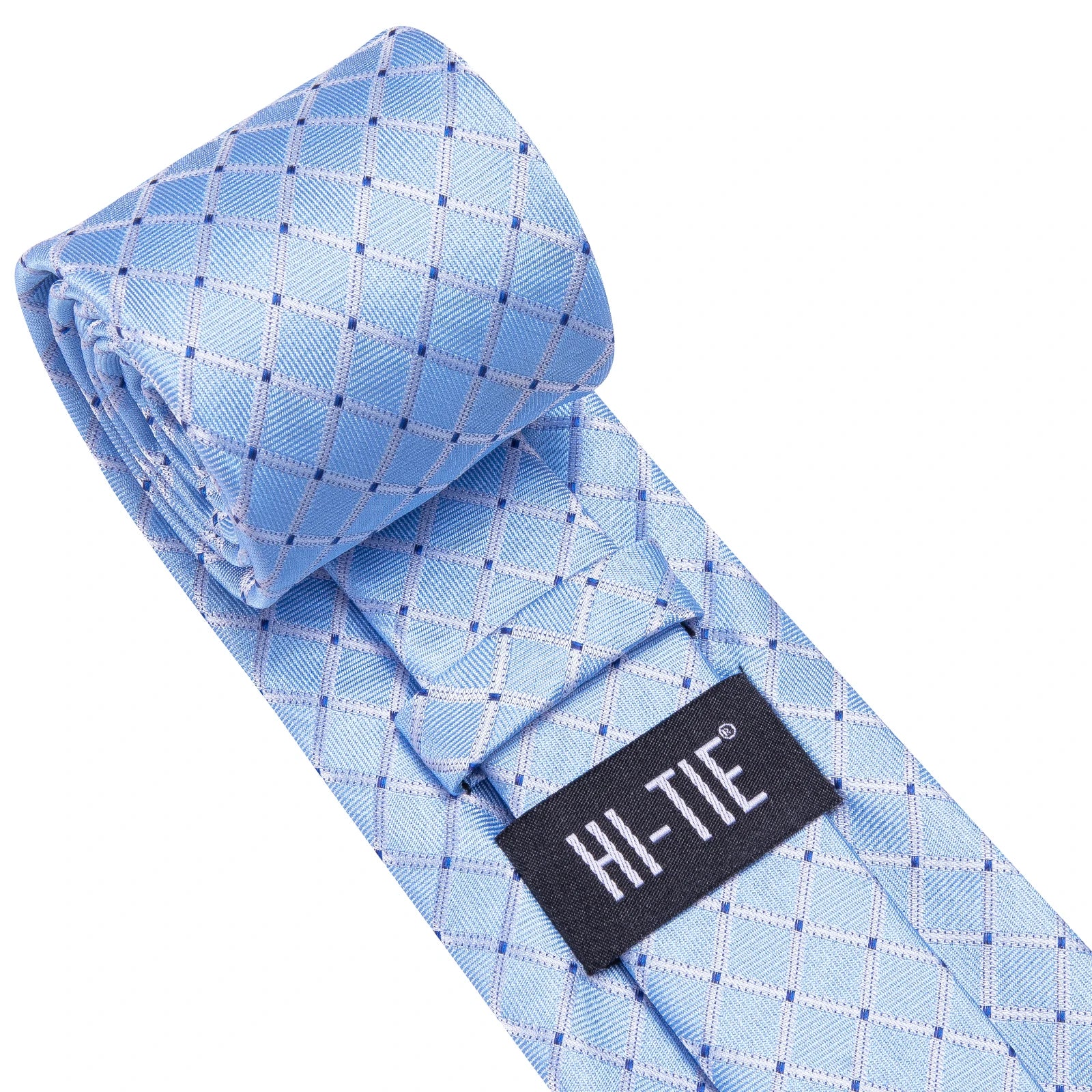 Hi-tie masculino elegante gravata lenço abotoaduras 3 pçs conjunto xadrez azul claro para smoking moda clássico seda luxo gravata para homem