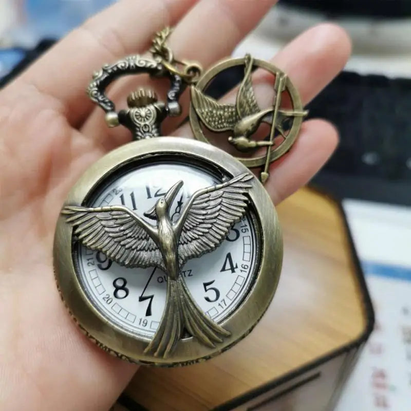Oco grande pássaro relógio de bolso de quartzo bronze pássaros colar animal cosplay pingente corrente souverirn corrente com pássaro acessório