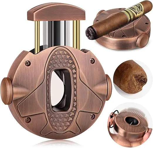 Cortador de charuto 3-1 com lâmina de aço inoxidável, suporte de charuto e rotador de descompressão, cortador de charuto redondo projetado ergonomicamente