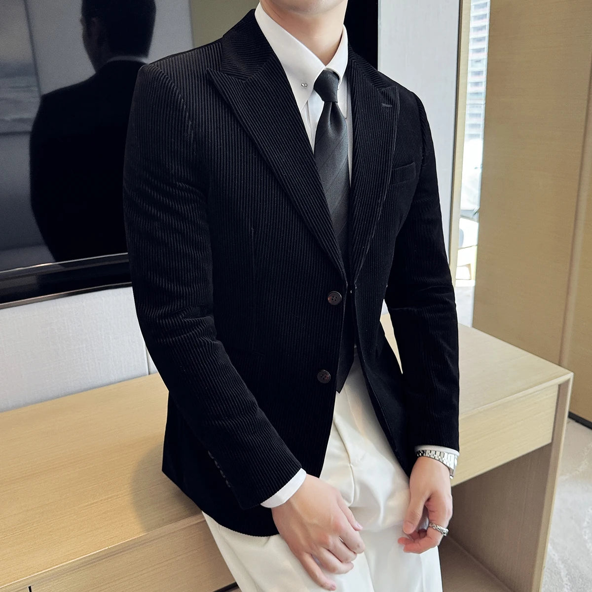 Jaqueta de veludo listrado masculina, casaco slim fit empresarial, festa de casamento formal, moda casual, outono, inverno, 4XL, M