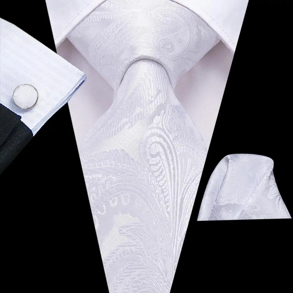 Gravatas masculinas branco sliver hanky abotoaduras conjunto de seda pescoço laços para festa de casamento negócios gravata masculina 2022 nova marca de moda hi-tie