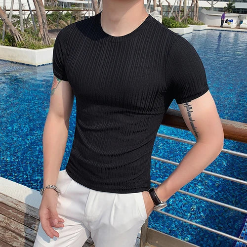 Estilo britânico verão fino gelo seda sólida t camisas roupas masculinas 2022 em torno do pescoço manga curta fino ajuste casual camiseta topo streetwear