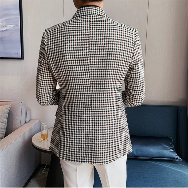 Estilo britânico fino ajuste houndstooth blazer para homens 2023 moda duplo breasted negócios escritório vestido de casamento terno jaqueta