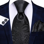 Hi-tie moda 8.5cm preto cinza floral masculino elegante gravata lenço abotoaduras conjunto acessórios de festa de casamento presente para homem gravat