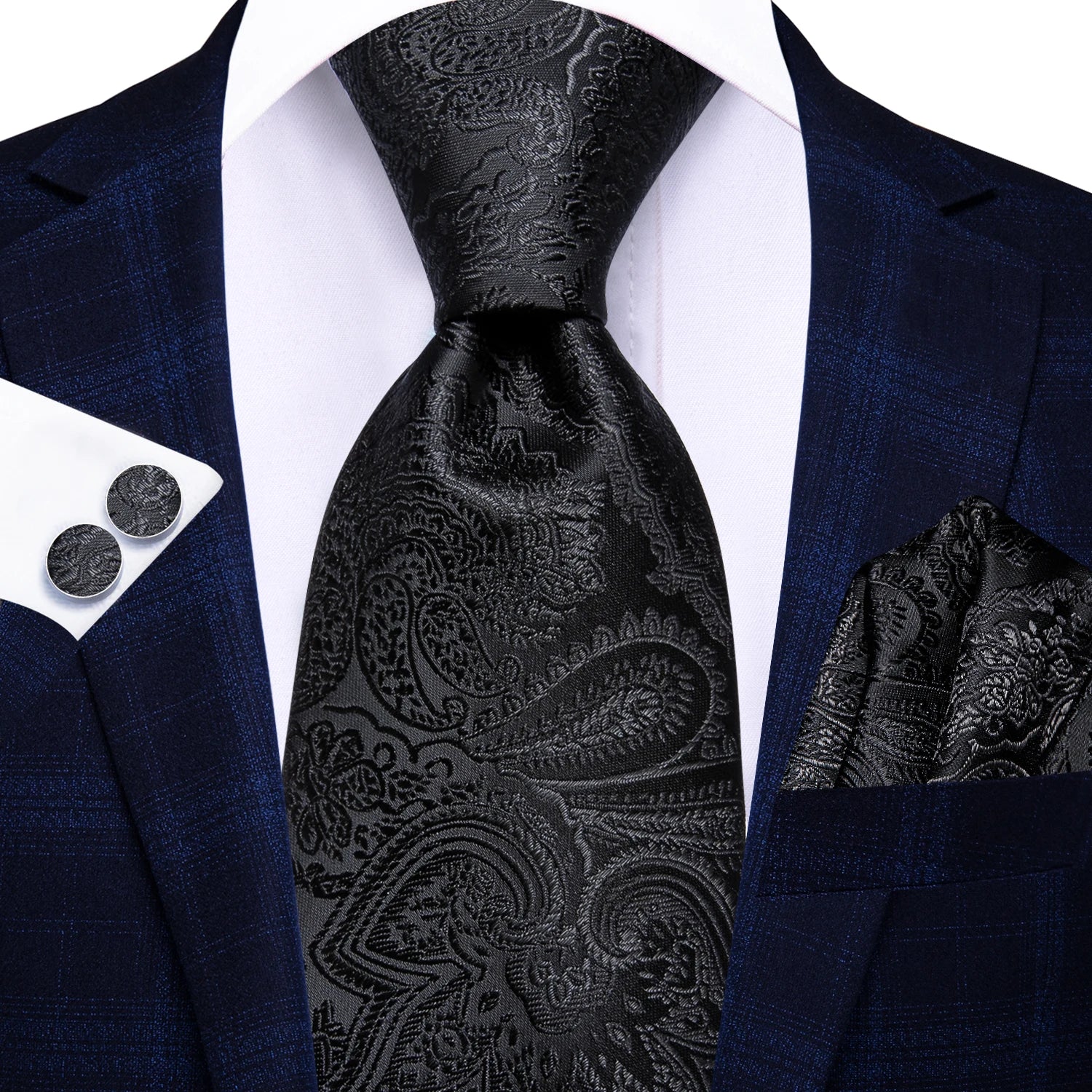 Hi-tie moda 8.5cm preto cinza floral masculino elegante gravata lenço abotoaduras conjunto acessórios de festa de casamento presente para homem gravat