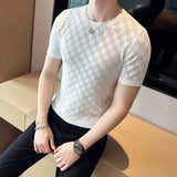 Camiseta de malha transparente masculina de malha, alta elasticidade, manga curta com gola em O, camiseta oca, camiseta xadrez casual masculina, verão 2022