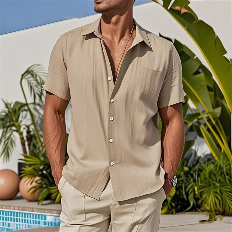 Camisas casuais dos homens verão nova moda cor sólida camisa de linho masculino pulôver manga curta topos botão cardigan lapela camisas masculinas