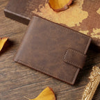 Carteira curta masculina casual vintage com vários compartimentos para cartões, bolso para moedas e fecho de botão