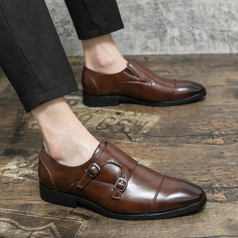 Sapato de couro de salto baixo apontado masculino, marca clássica, versátil, escritório, negócios, casual, formal, grande, tamanho 38-48