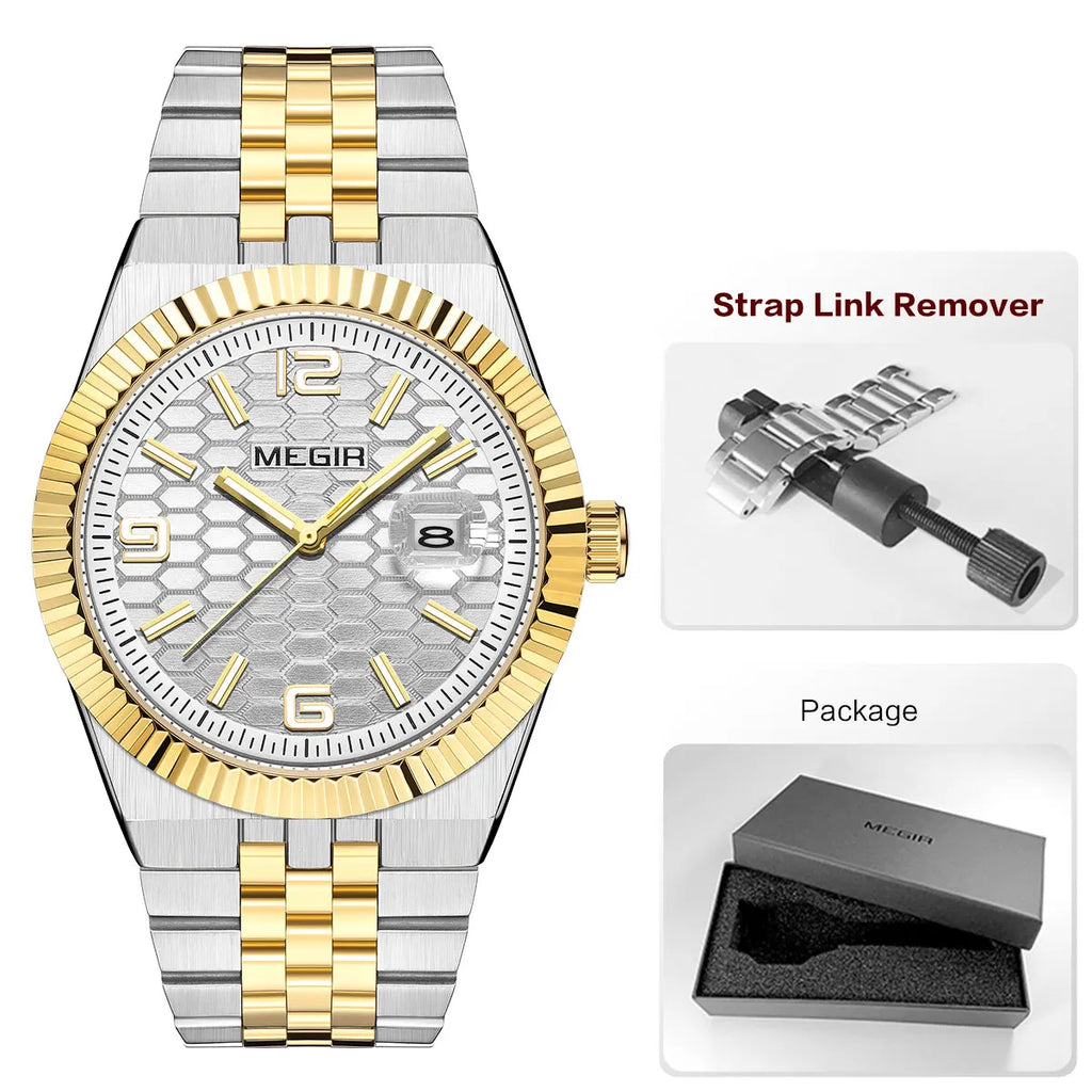 Megir relógio de quartzo estilo simples para homens, relógio de pulso analógico de negócios da moda com pulseira de aço inoxidável, data, mãos luminosas