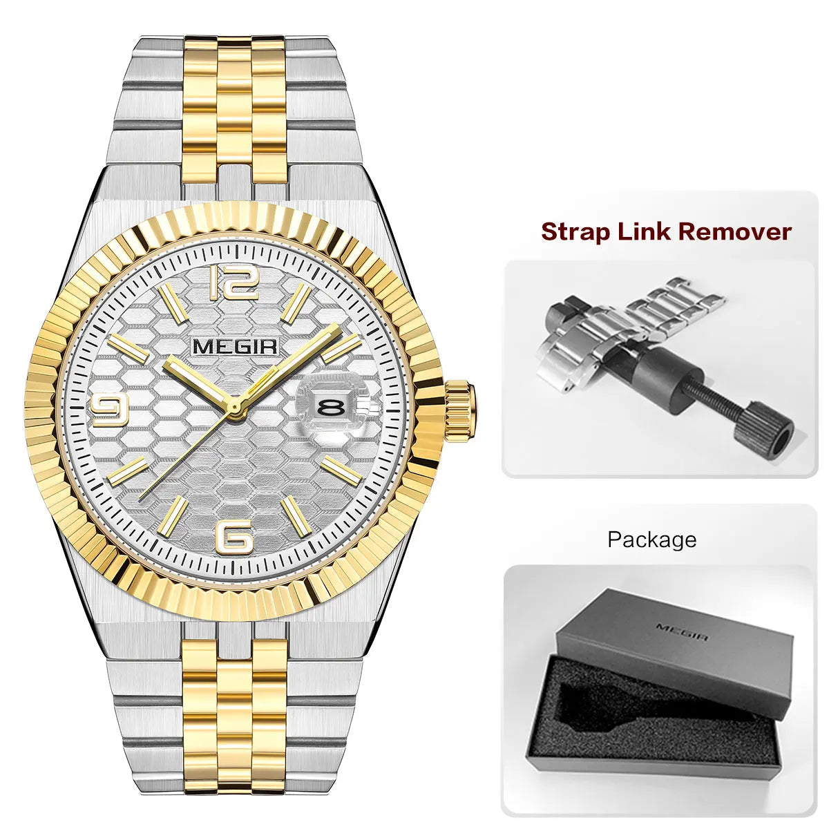 Megir relógio de quartzo estilo simples para homens, relógio de pulso analógico de negócios da moda com pulseira de aço inoxidável, data, mãos luminosas