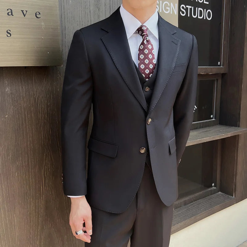 Terno fino e monocromático masculino, conjunto de três peças, smoking de casamento para noivo, colete e calça luxuosa, moda alta, estilo italiano