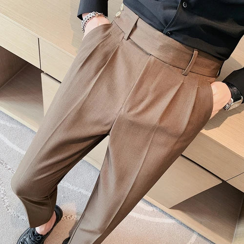 Calça casual de cintura alta masculina, estilo britânico, design plissado de Twirt, Nápoles, fina, simples, festa social, calça de terno, plus size 38
