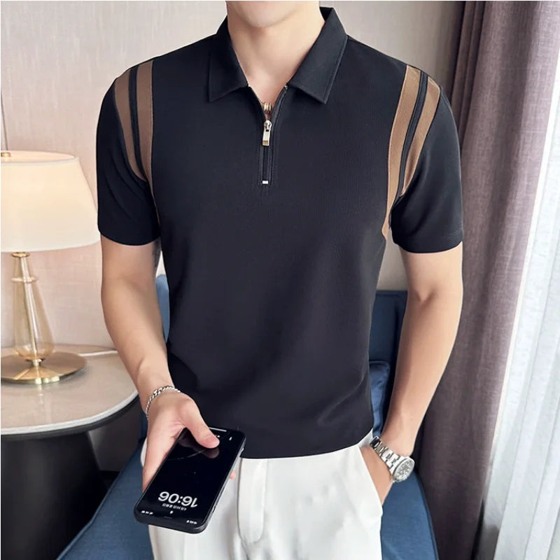 Verão Alta Elastic Stripe Manga Curta Polo Camisas 2023 Homens de Negócios Casual Zipper T-shirt Tops Streetwear Plus Size 4XL-M