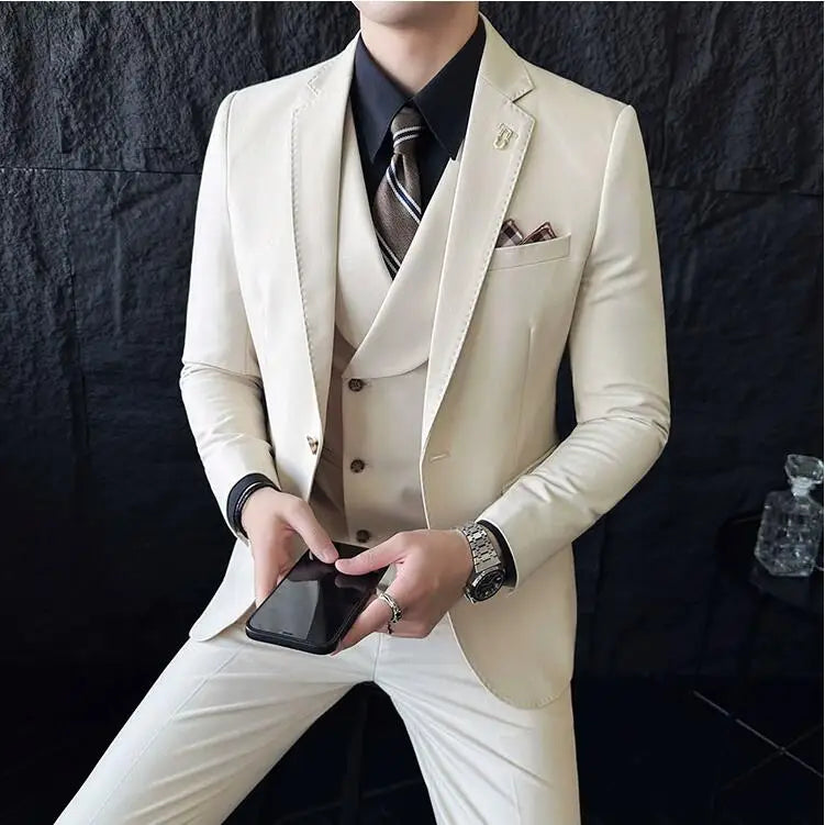 Fato de negócios slim fit duplo trespassado masculino, jaqueta, calça e colete, alta qualidade, design de moda, sing de festa, 3 peças