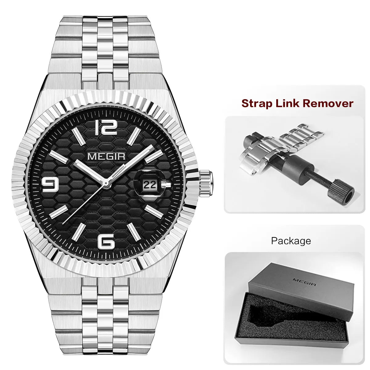 Megir relógio de quartzo estilo simples para homens, relógio de pulso analógico de negócios da moda com pulseira de aço inoxidável, data, mãos luminosas