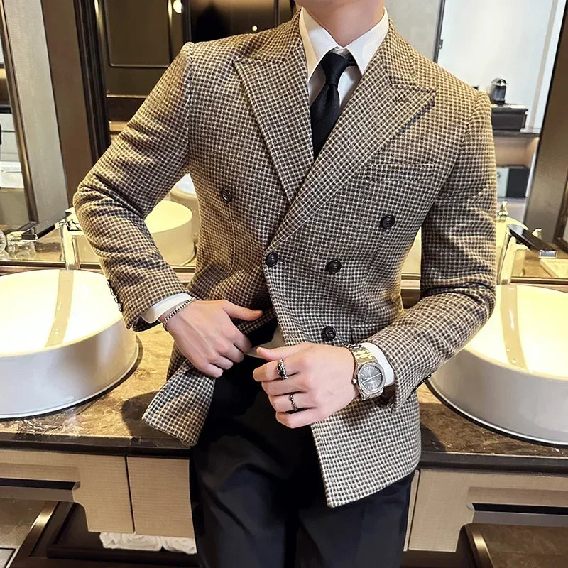 Estilo britânico masculino duplo breasted fino ajuste blazer 2024 novo houndstooth fino ajuste terno jaqueta formal de negócios vestido de casamento jaqueta