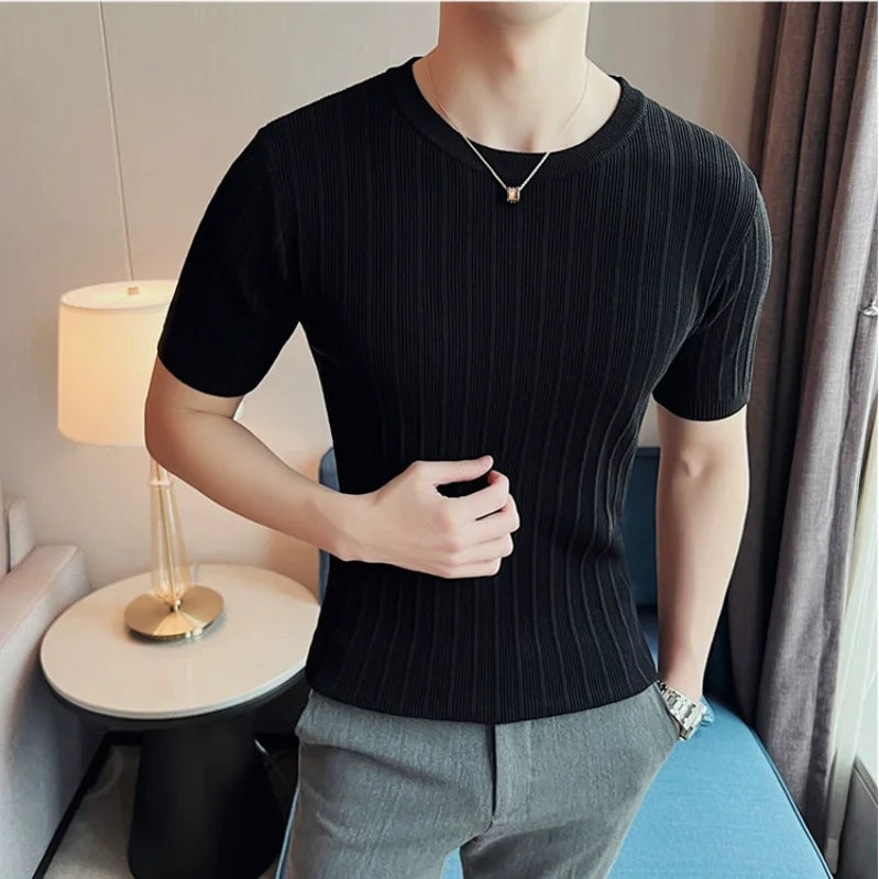 Camisola de malha de manga curta, camiseta elástica, gola redonda, slim fit, meia manga coreana, camiseta listrada, novo, verão, 6 cores, 2024