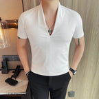 Camiseta masculina com decote em v 2025 verão moda sólida manga curta t camisa masculina fino ajuste casual versátil camisetas topo roupas masculinas