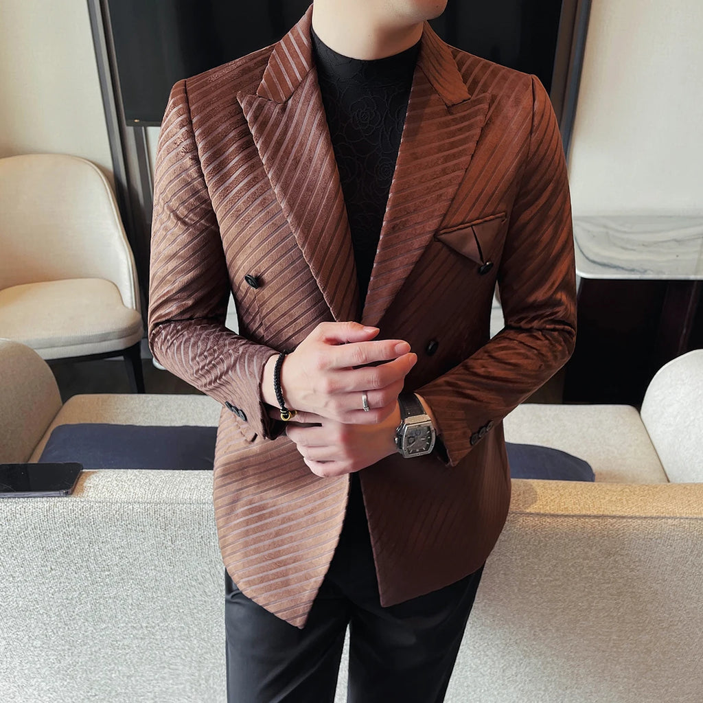 Estilo britânico de luxo masculino duplo breasted sarja terno jaqueta alta qualidade moda negócios fino ajuste noivo festa social terno vestido