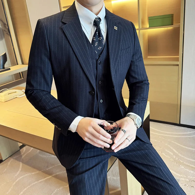 7xl-m (jaqueta + colete + calças) estilo italiano luxo listrado masculino festa smoking moda masculina casamento social fino ajuste terno 3 peça conjunto
