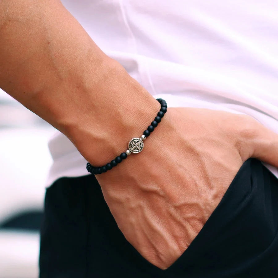 Noter novo 4mm pulseira de contas para homens minimalista cruz braslet natural tigre olhos madeira braclet meditação pedra ônix brazalete