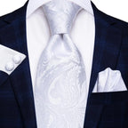 Gravatas masculinas branco sliver hanky abotoaduras conjunto de seda pescoço laços para festa de casamento negócios gravata masculina 2022 nova marca de moda hi-tie