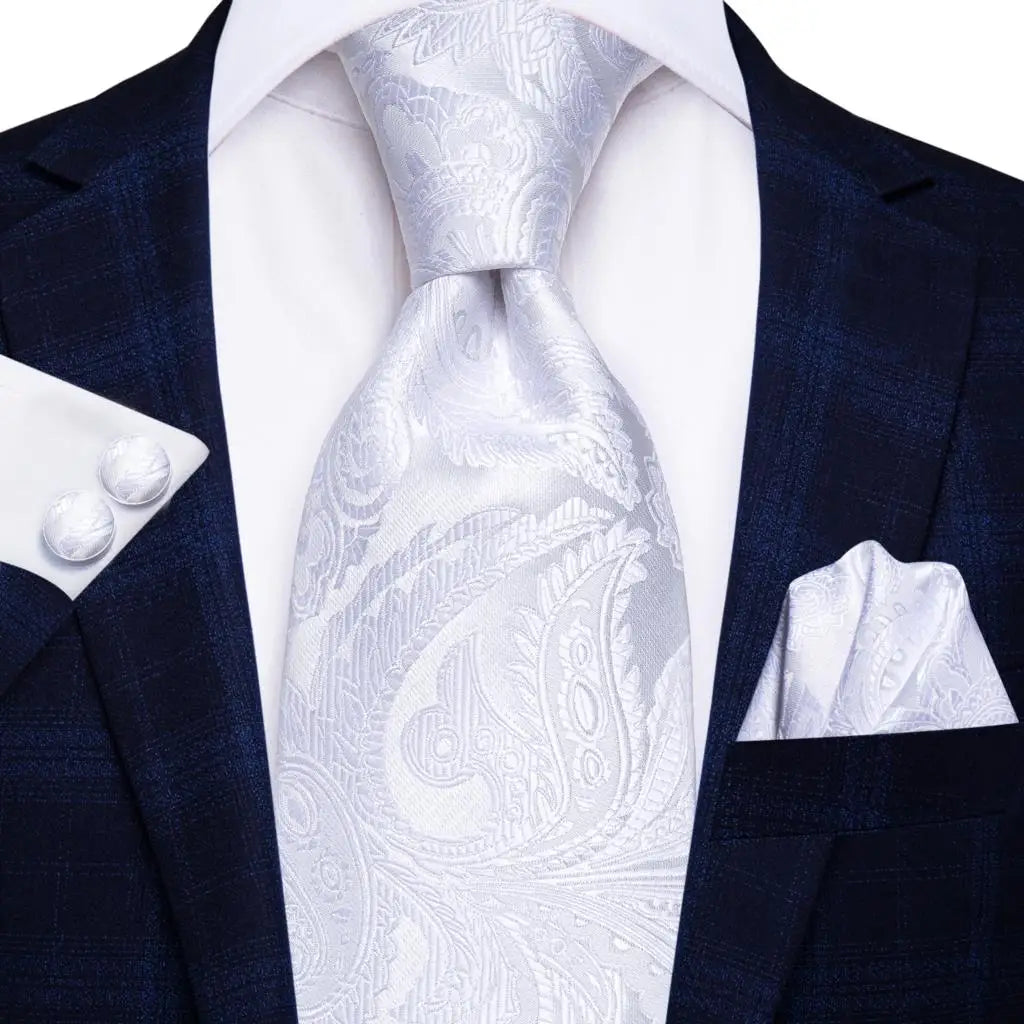 Gravatas masculinas branco sliver hanky abotoaduras conjunto de seda pescoço laços para festa de casamento negócios gravata masculina 2022 nova marca de moda hi-tie
