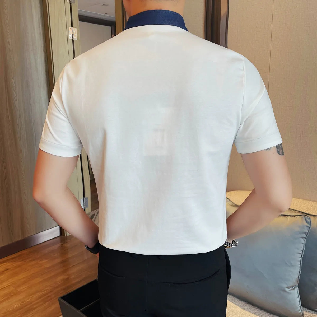 Camiseta masculina de verão com gola alta, moda meio zíper, pulôver, camisetas casuais, cor sólida, manga curta, slim fit