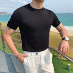 Estilo britânico verão gelo seda manga curta malha t camisas masculinas simples cor pura o-pescoço casual magro camiseta topo homme M-3XL