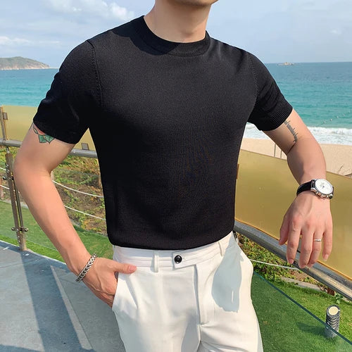 Estilo britânico verão gelo seda manga curta malha t camisas masculinas simples cor pura o-pescoço casual magro camiseta topo homme M-3XL