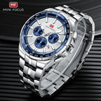 MINI FOCUS Moda Casual Relógio de Quartzo para Homens Relógio de Pulso Multifuncional com Mãos Luminosas Banda de Aço Cronógrafo Calendário Data