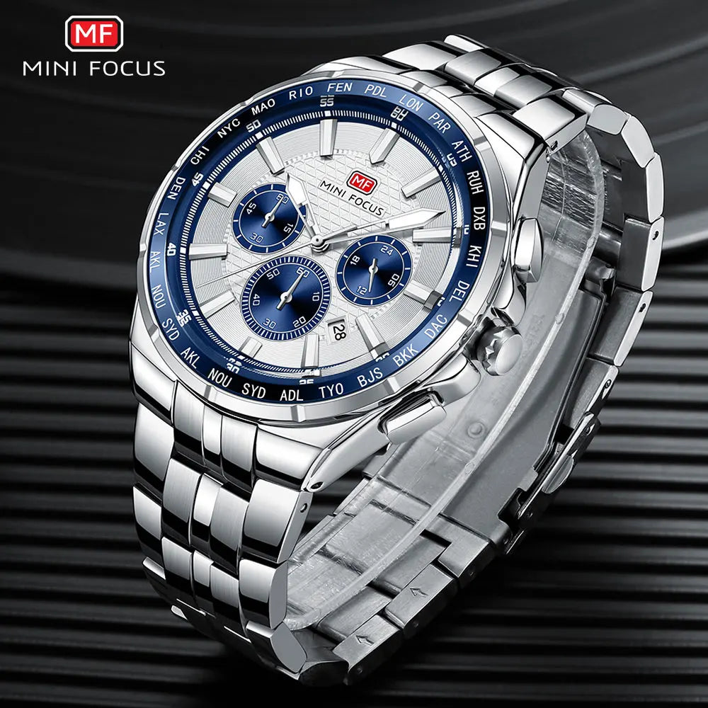 MINI FOCUS Moda Casual Relógio de Quartzo para Homens Relógio de Pulso Multifuncional com Mãos Luminosas Banda de Aço Cronógrafo Calendário Data
