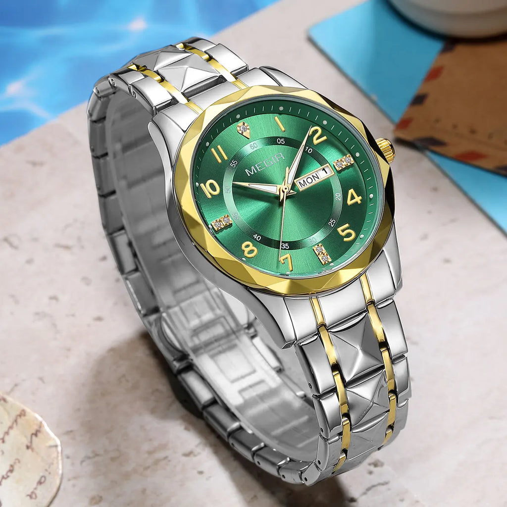 Megir relógio masculino de quartzo com pulseira de aço inoxidável, relógio de pulso estilo simples e data do dia, calendário, caixa de liga
