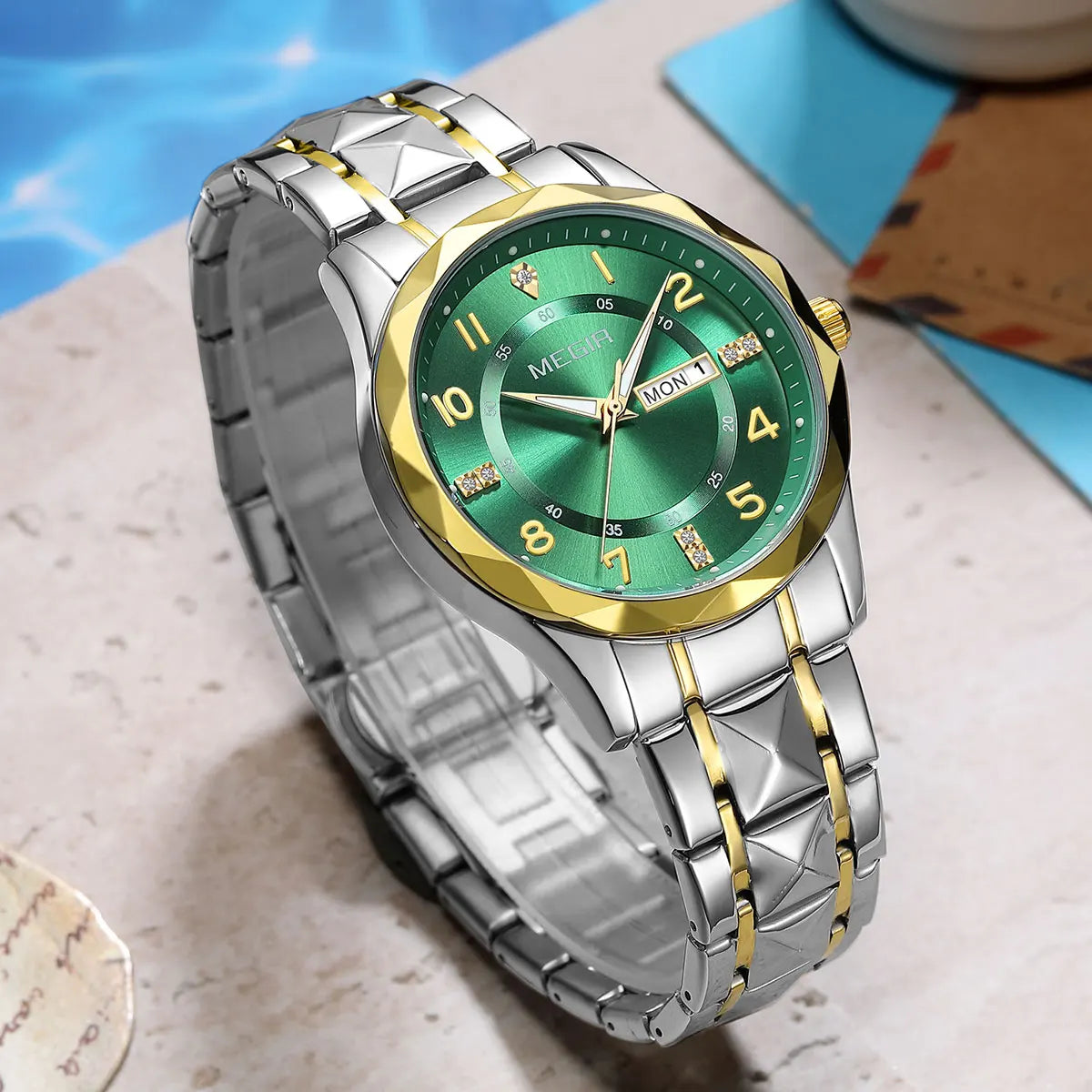 Megir relógio masculino de quartzo com pulseira de aço inoxidável, relógio de pulso estilo simples e data do dia, calendário, caixa de liga