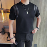 2025 moda emendado camisetas de couro verão novo em torno do pescoço manga curta magro casual t camisa masculina coreano roupas de luxo 4xl-m