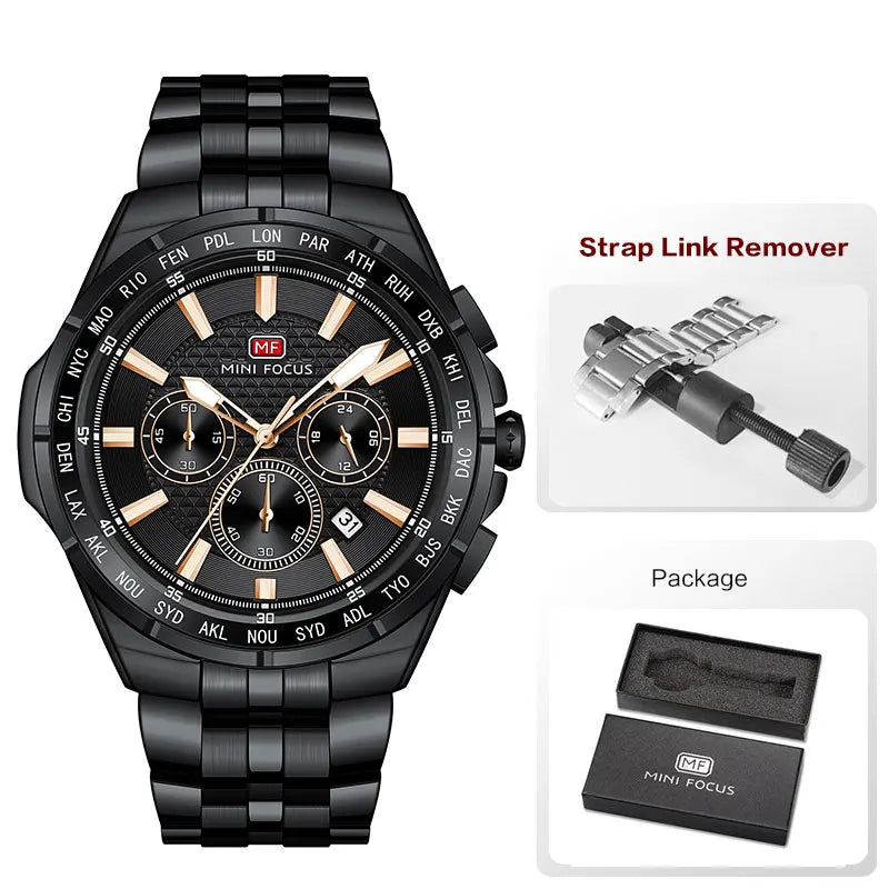 MINI FOCUS Moda Casual Relógio de Quartzo para Homens Relógio de Pulso Multifuncional com Mãos Luminosas Banda de Aço Cronógrafo Calendário Data